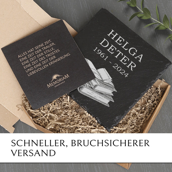 Laden Sie das Bild in den Galerie-Viewer, Trauer- &amp; Gedenktafel aus Schiefer mit Buch Gravur online kaufen | MEMORIAM.
