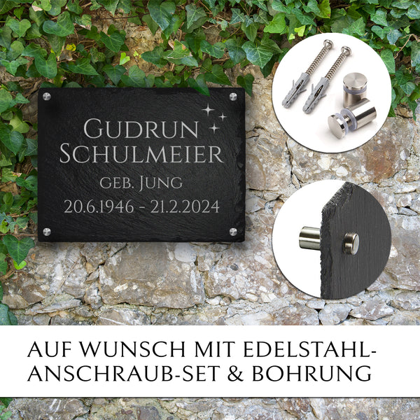 Laden Sie das Bild in den Galerie-Viewer, Gedenk- &amp; Trauerstein 40x30 aus Schiefer mit Sterne Gravur | MEMORIAM.
