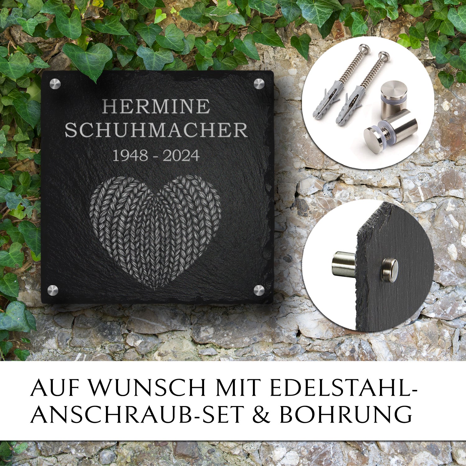 Urnengrabstein aus Schiefer mit Herz Gravur & Text | MEMORIAM.