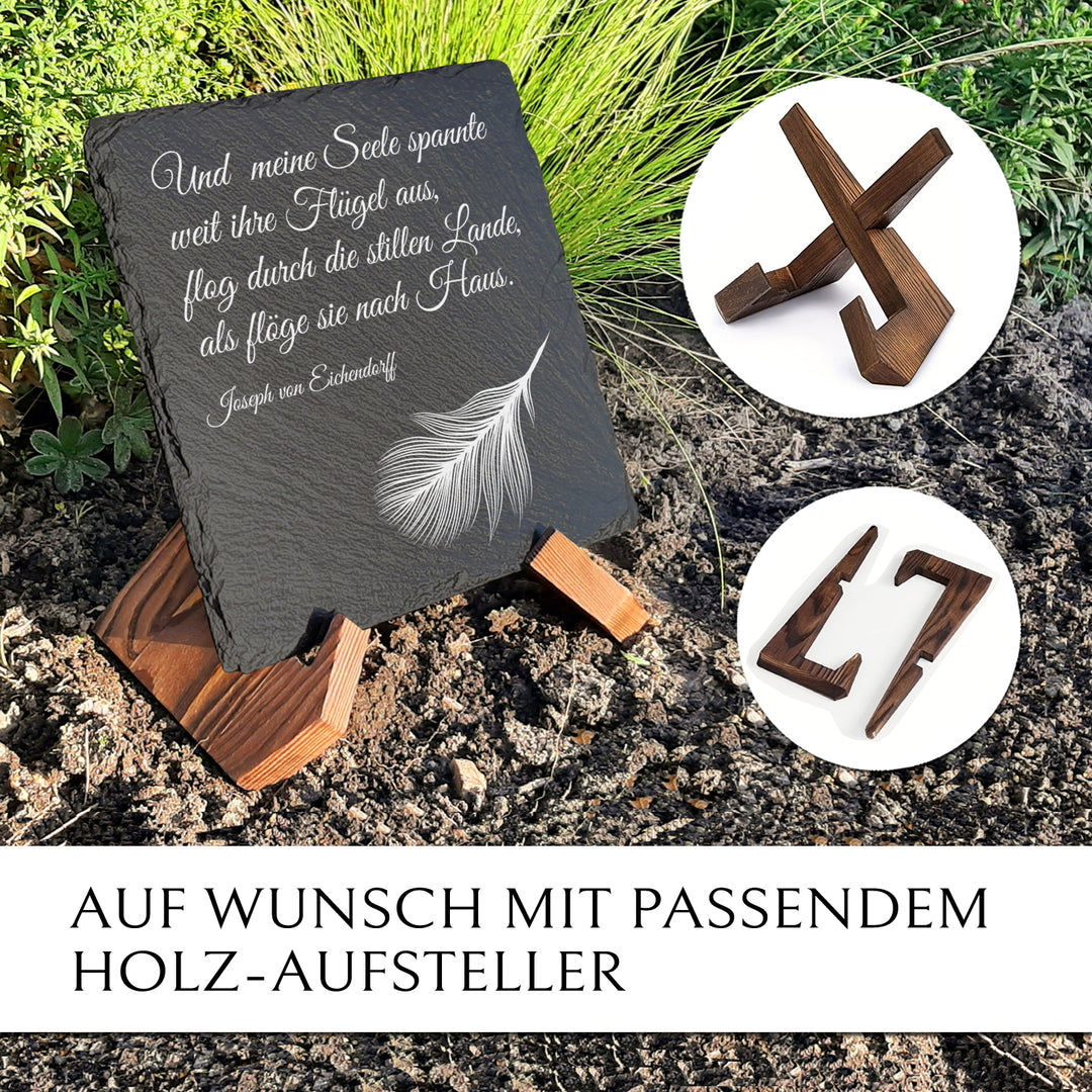 Moderner Grabschmuck aus Schiefer | Design Feder von MEMORIAM Gedenktafeln.