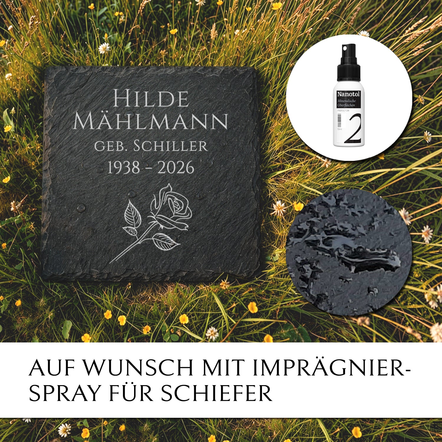 Kleine Gedenktafel für Familiengrab in 20x20 cm mit Rosen Design und Inschrift | Von MEMORIAM