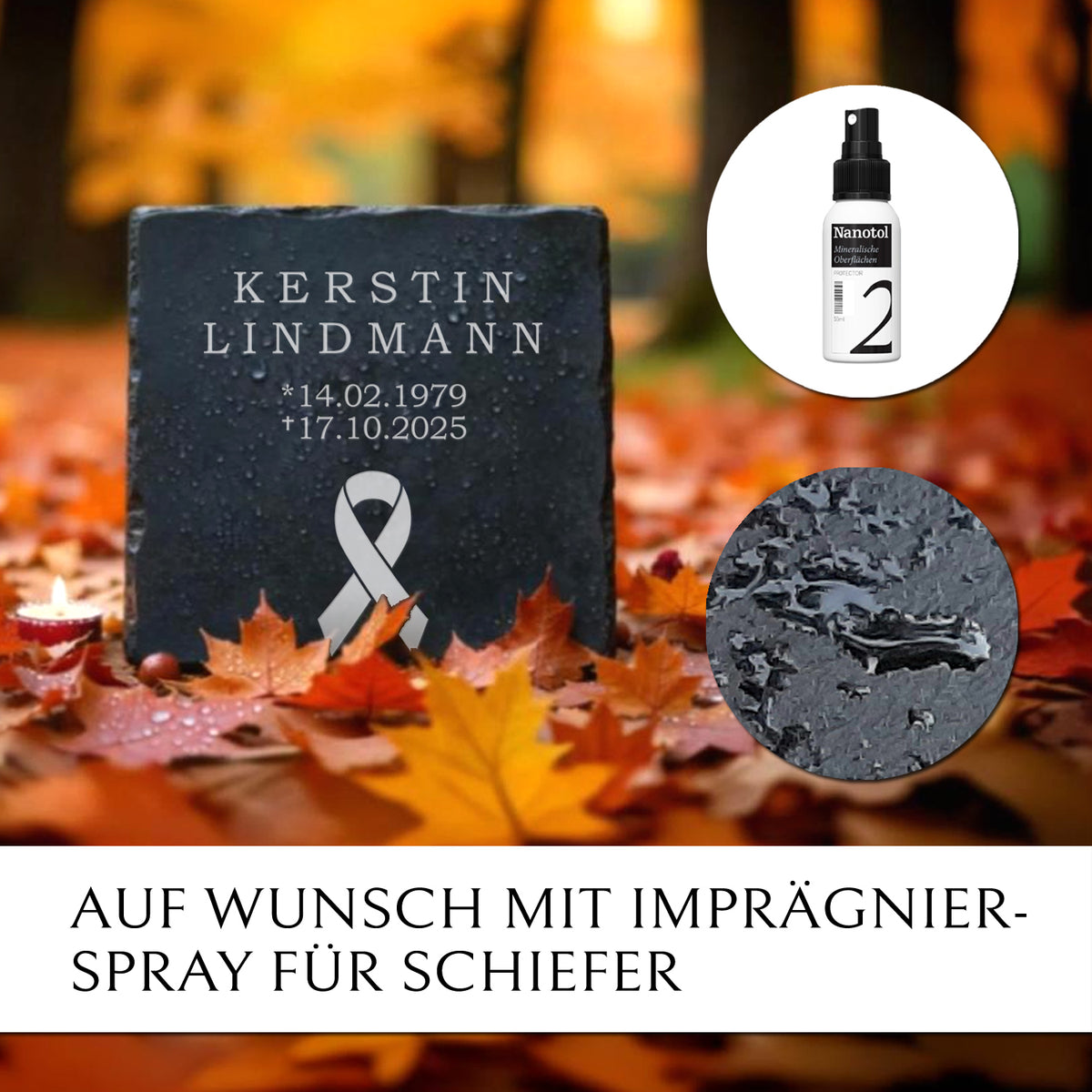Gedenktafel für Grab. Aus Schiefer mit Beschriftung und Trauerschleife Symbol. Von MEMORIAM.