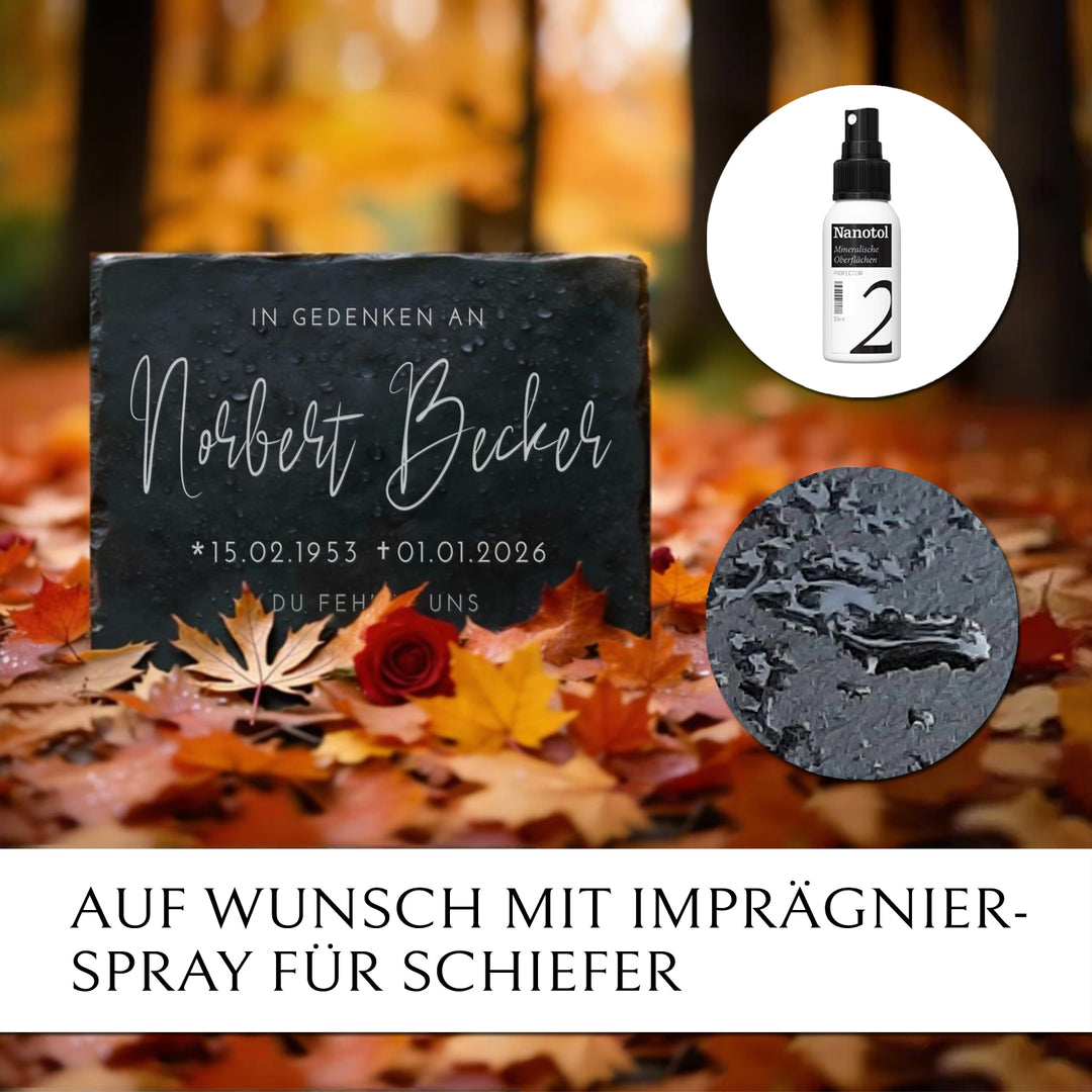 Grabplatte Urnengrab 30x40 cm. Aus Schiefer mit Inschrift nach Wunsch.  MEMORIAM Gedenktafeln. 