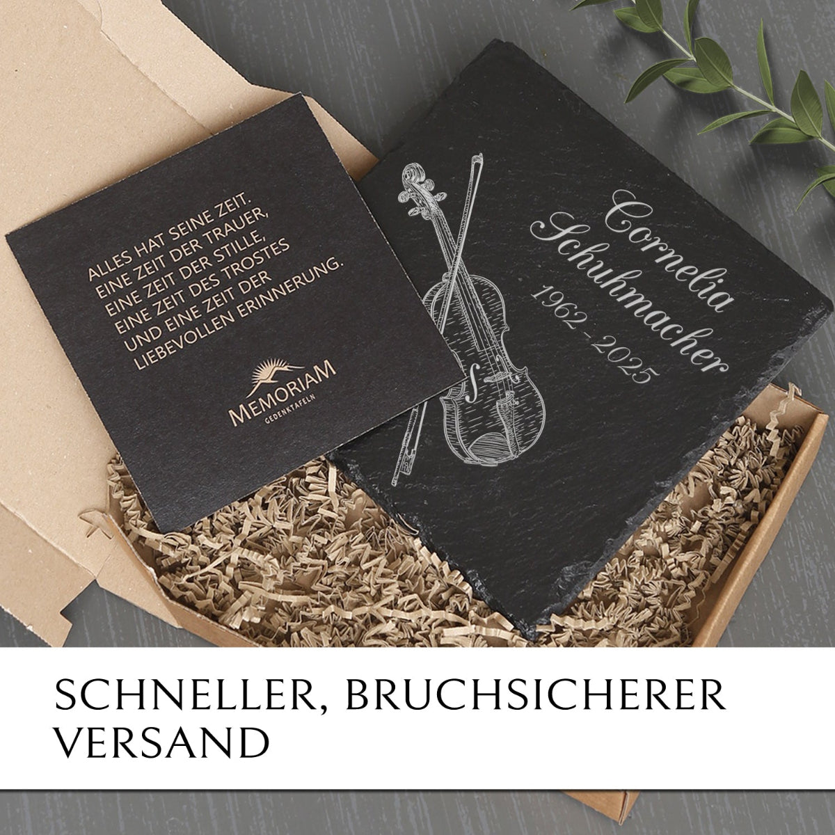 Grabtafel mit selbst gestaltetem Design. Umgesetzt von MEMORIAM Gedenktafeln.
