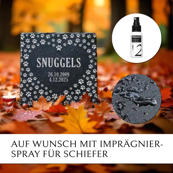 Laden Sie das Bild in den Galerie-Viewer, Haustiergrabstein aus Schiefer mit wasserfester Imprägnierung von MEMORIAM Gedenktafeln.
