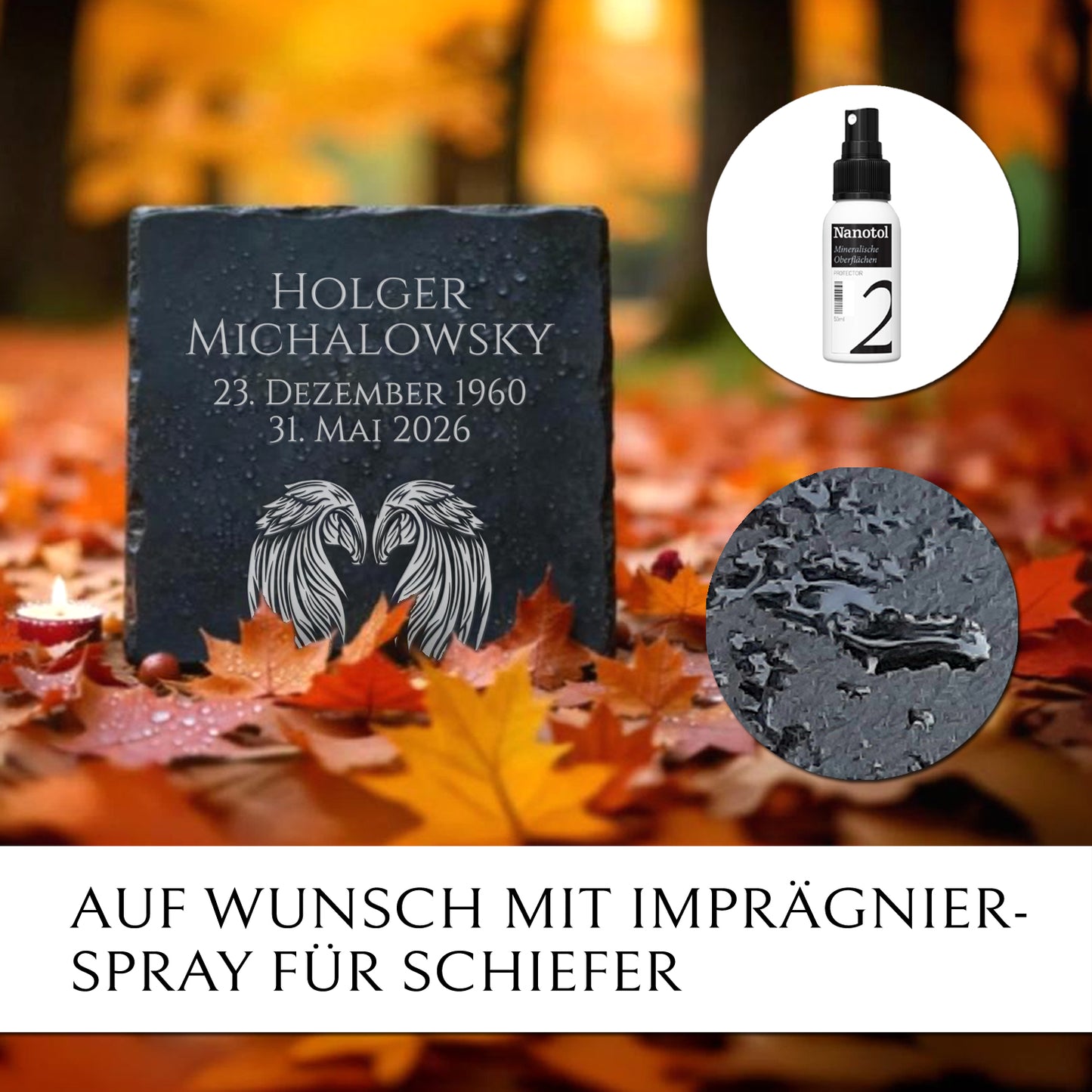 Preiswerte Urnengrab-Grabplatte Engel-Flügel aus pflegeleichtem Schiefer  | MEMORIAM Gedenktafeln.