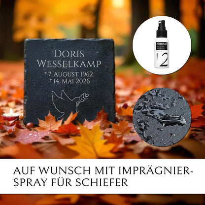 Kleine Urnengrab-Grabtafel aus Schiefer mit Taube Motiv & Inschrift | MEMORIAM Gedenktafeln.