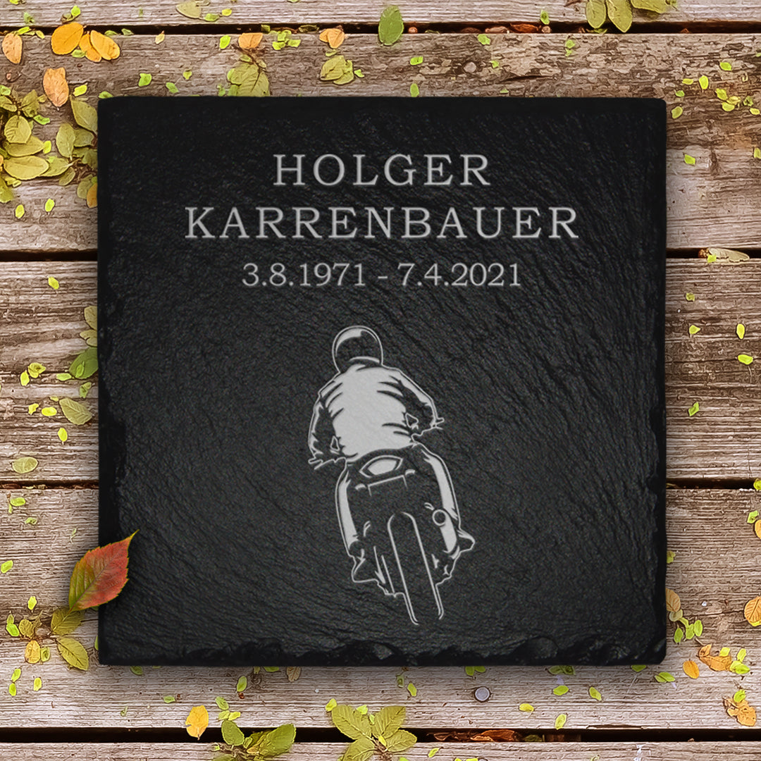 Gedenk- & Trauerstein mit Biker Gravur und Inschrift | MEMORIAM.