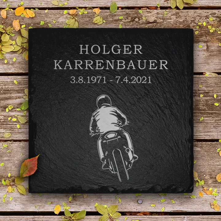 Gedenk- &amp; Trauerstein mit Biker Gravur und Inschrift | MEMORIAM.