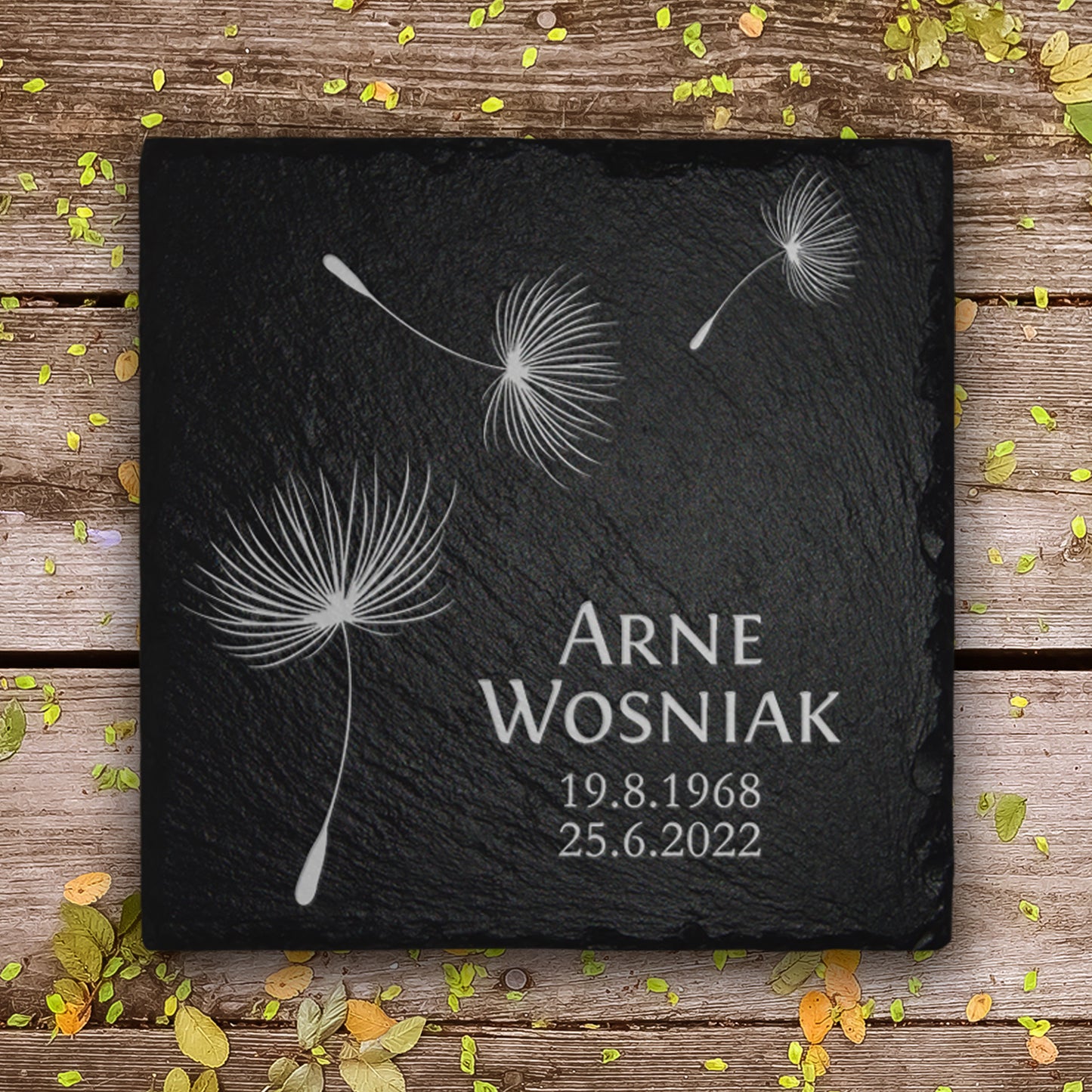 Kleine Grabstein Platte für Erd- und Urnengrab mit Pusteblume Gravur | MEMORIAM. 