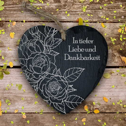 Wetterfester Schiefer Herz Grabschmuck. Mit Rose Gravur und Trauerspruch.