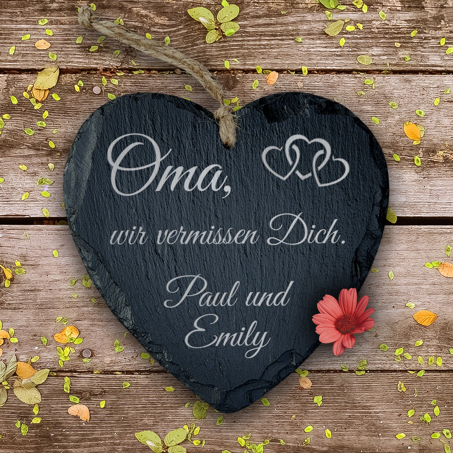 Schiefer Herz mit Gravur / Text nach Wunsch. Wetterfeste Grabdeko und Grabschmuck von MEMORIAM.