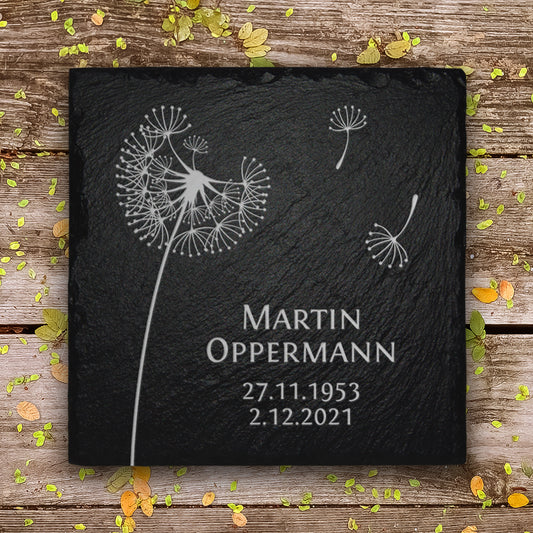 Kleine Grabplatte für Erd- und Urnengrab mit Pusteblume Gravur | MEMORIAM. 